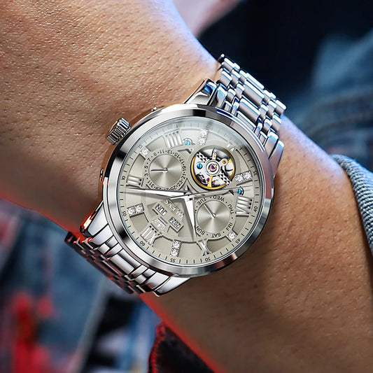Reloj Automático Hombre 42mm– Mecánico de Lujo, Tourbillon Decorativo, Acero Inoxidable, Calendario Completo, Impermeable 3ATM ⭐4.6 (152 Opiniones)