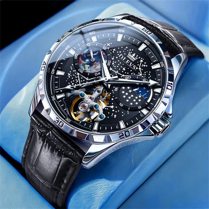 Reloj Automático Hombre 42mm – Esqueleto con Tourbillon, Fase Lunar, Cielo Estrellado, Manecillas Luminiscentes, 40-44mm, Correa de Cuero, 3ATM
