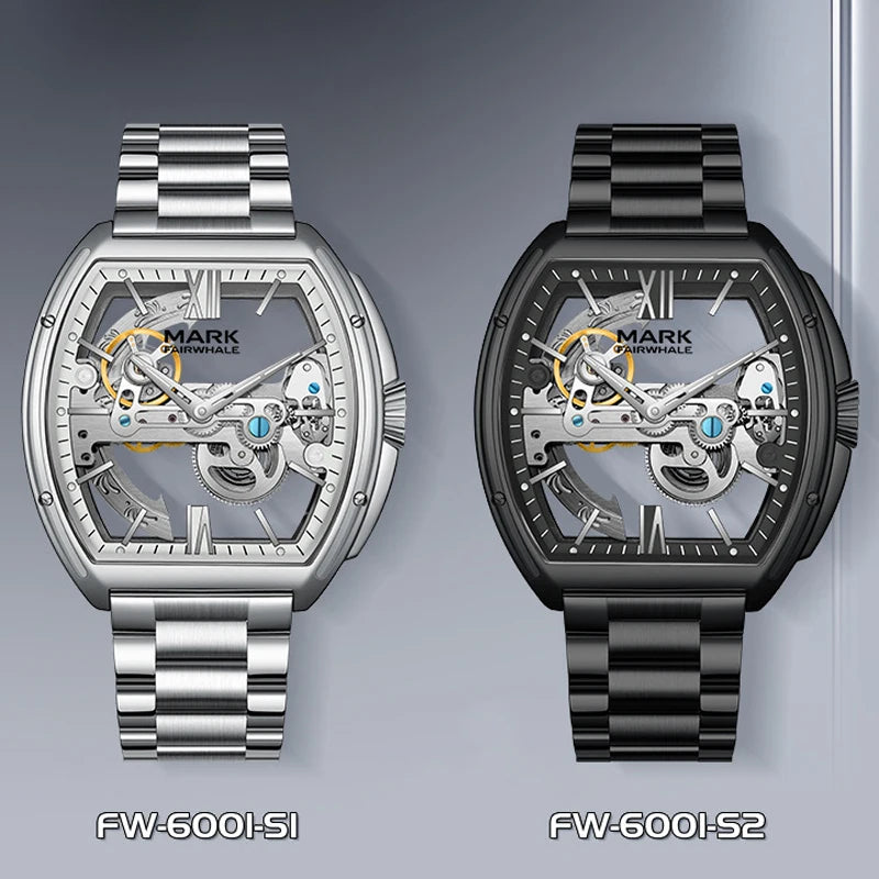 Reloj Automático Hombre 44x43 mm – Mecánico Esqueleto de Acero Inoxidable, Resistente al Agua, Caja Tonneau