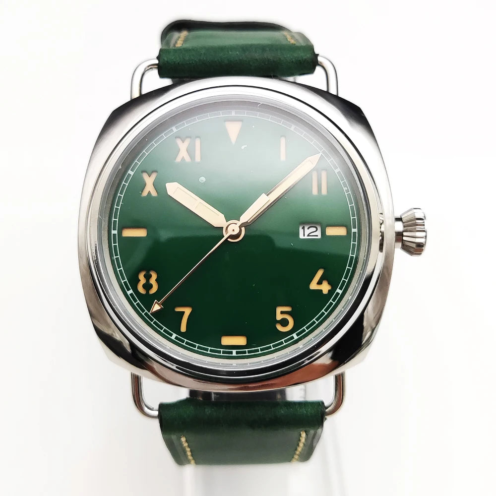 Reloj Automático Retro 45mm NH35 – Correa de Cuero, Esfera Verde Luminosa