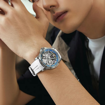 Reloj Automático Hombre 42mm – Mecánico Esqueleto, Tourbillon Decorativo, Caja Cuadrada, Correa de Silicona, Impermeable 3ATM ⭐4.7 (146 Opiniones)