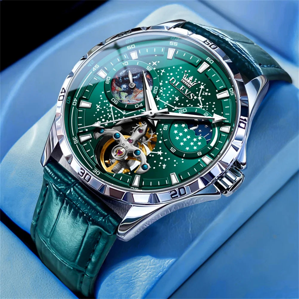 Reloj Automático Hombre 42mm – Esqueleto con Tourbillon, Fase Lunar, Cielo Estrellado, Manecillas Luminiscentes, 40-44mm, Correa de Cuero, 3ATM