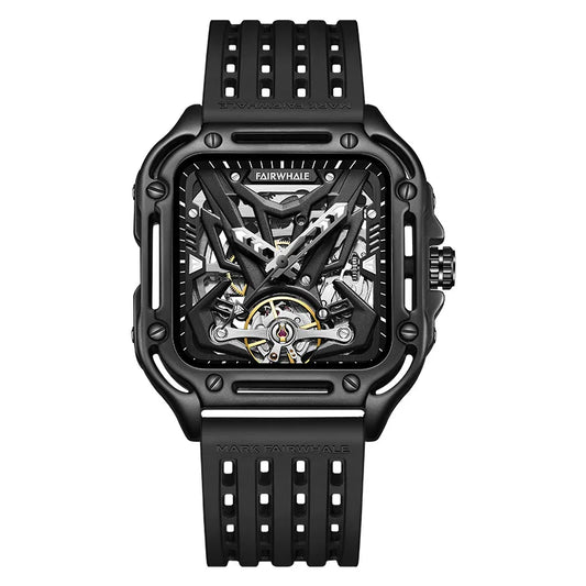Reloj Automático Hombre 42mm – Esqueleto Mecánico, Tourbillon Decorativo, Caja Cuadrada, Correa de Silicona, Impermeable 3ATM ⭐4.8 (143 Opiniones)