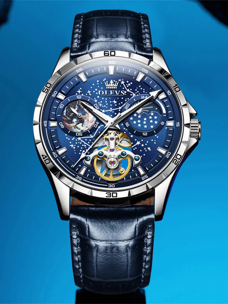 Reloj Automático Hombre 42mm – Esqueleto con Tourbillon, Fase Lunar, Cielo Estrellado, Manecillas Luminiscentes, 40-44mm, Correa de Cuero, 3ATM