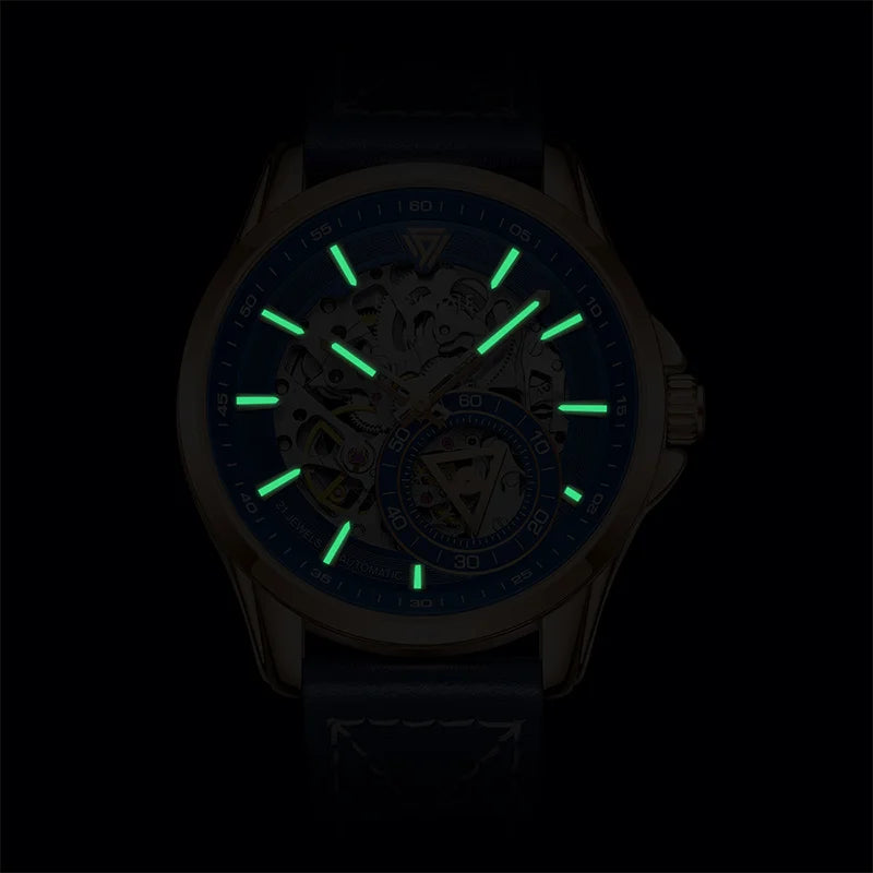Reloj Automático para Hombre 42.5mm – Esqueleto Mecánico, Segundero Triangular, Correa de Cuero, 3ATM ⭐4.4 (167 Opiniones)
