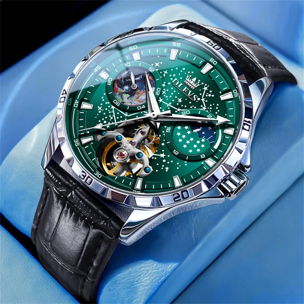Reloj Automático Hombre 42mm – Esqueleto con Tourbillon, Fase Lunar, Cielo Estrellado, Manecillas Luminiscentes, 40-44mm, Correa de Cuero, 3ATM