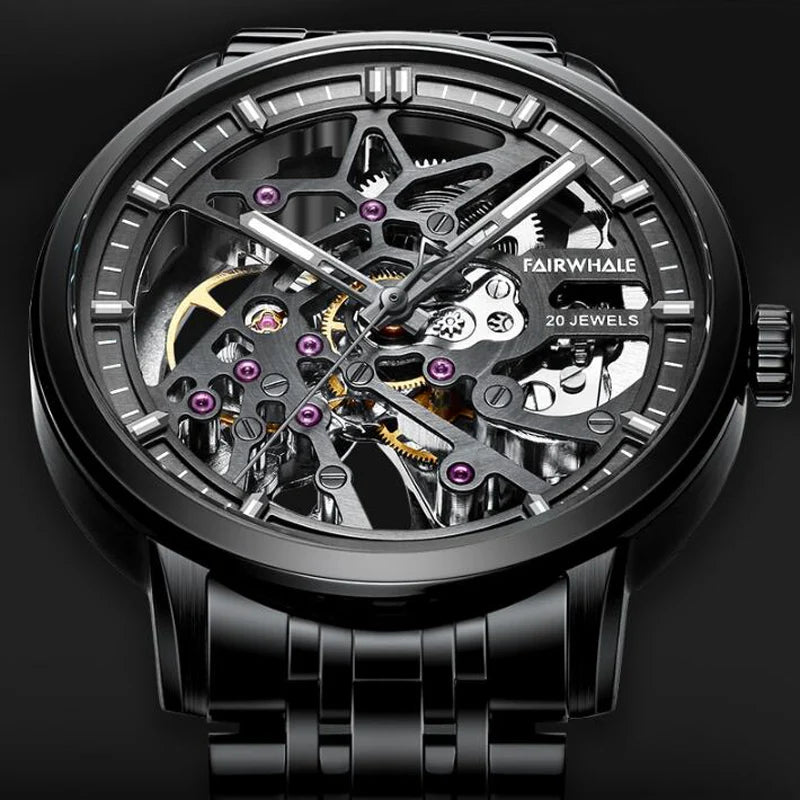 Reloj Automático Hombre – Esqueleto con Tourbillon, Acero Negro, Manecillas Luminiscentes, 40-44mm, 3ATM