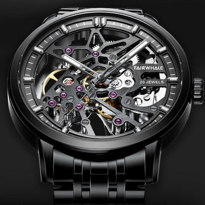 Reloj Automático Hombre – Esqueleto con Tourbillon, Acero Negro, Manecillas Luminiscentes, 40-44mm, 3ATM