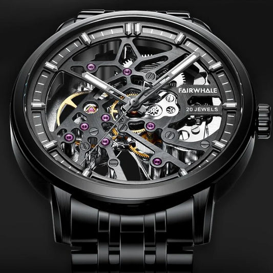 Reloj Automático Hombre – Esqueleto con Tourbillon, Acero Negro, Manecillas Luminiscentes, 40-44mm, 3ATM