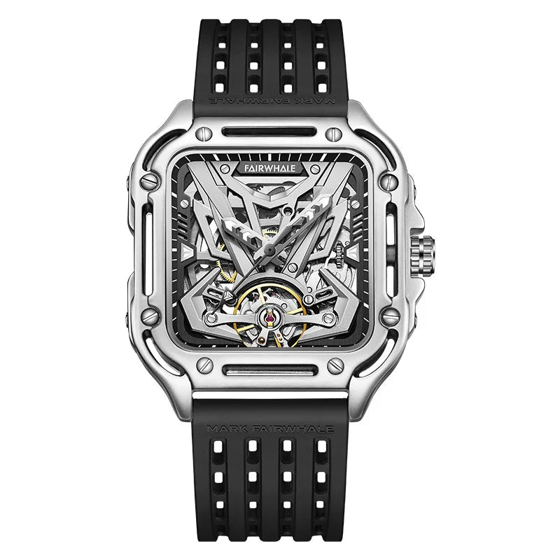 Reloj Automático Hombre 42mm – Esqueleto Mecánico, Tourbillon Decorativo, Caja Cuadrada, Correa de Silicona, Impermeable 3ATM ⭐4.8 (143 Opiniones)