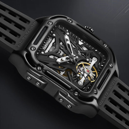 Reloj Automático Hombre 42mm – Esqueleto Mecánico, Tourbillon Decorativo, Caja Cuadrada, Correa de Silicona, Impermeable 3ATM ⭐4.8 (143 Opiniones)