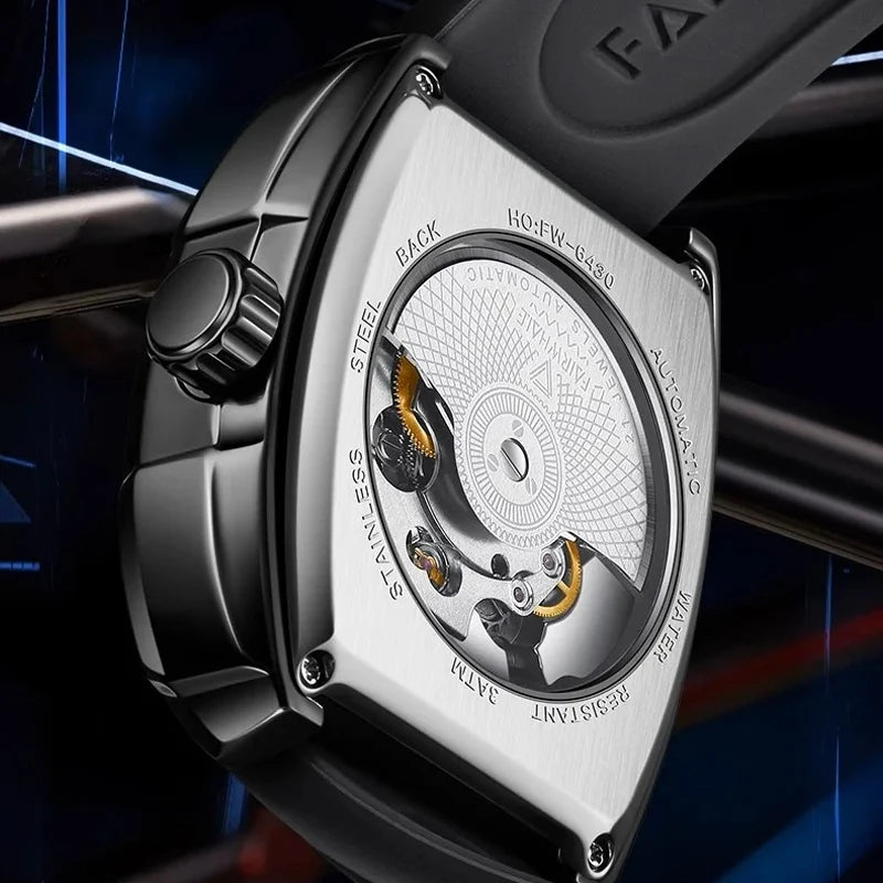 Reloj Automático Hombre 41mm – Tourbillon Mecánico, Esqueleto, Caja Tonneau, Correa de Silicona, Impermeable 3ATM ⭐4.7 (162 Opiniones)