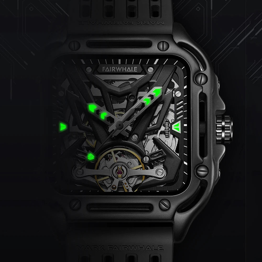 Reloj Automático Hombre 42mm – Esqueleto Mecánico, Tourbillon Decorativo, Caja Cuadrada, Correa de Silicona, Impermeable 3ATM ⭐4.8 (143 Opiniones)
