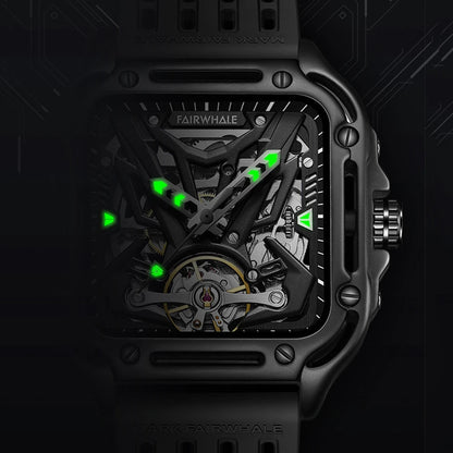 Reloj Automático Hombre 42mm – Esqueleto Mecánico, Tourbillon Decorativo, Caja Cuadrada, Correa de Silicona, Impermeable 3ATM ⭐4.8 (143 Opiniones)
