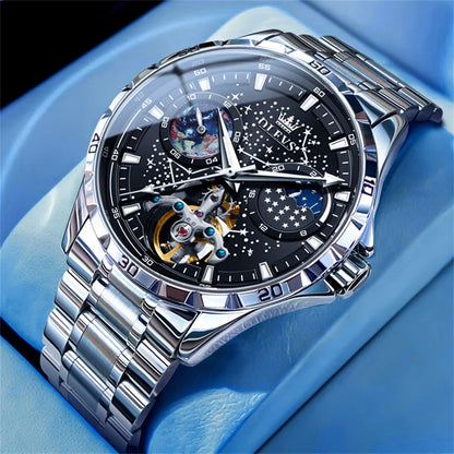 Reloj Automático Hombre 42mm – Esqueleto con Tourbillon, Fase Lunar, Cielo Estrellado, Manecillas Luminiscentes, 40-44mm, Correa de Cuero, 3ATM