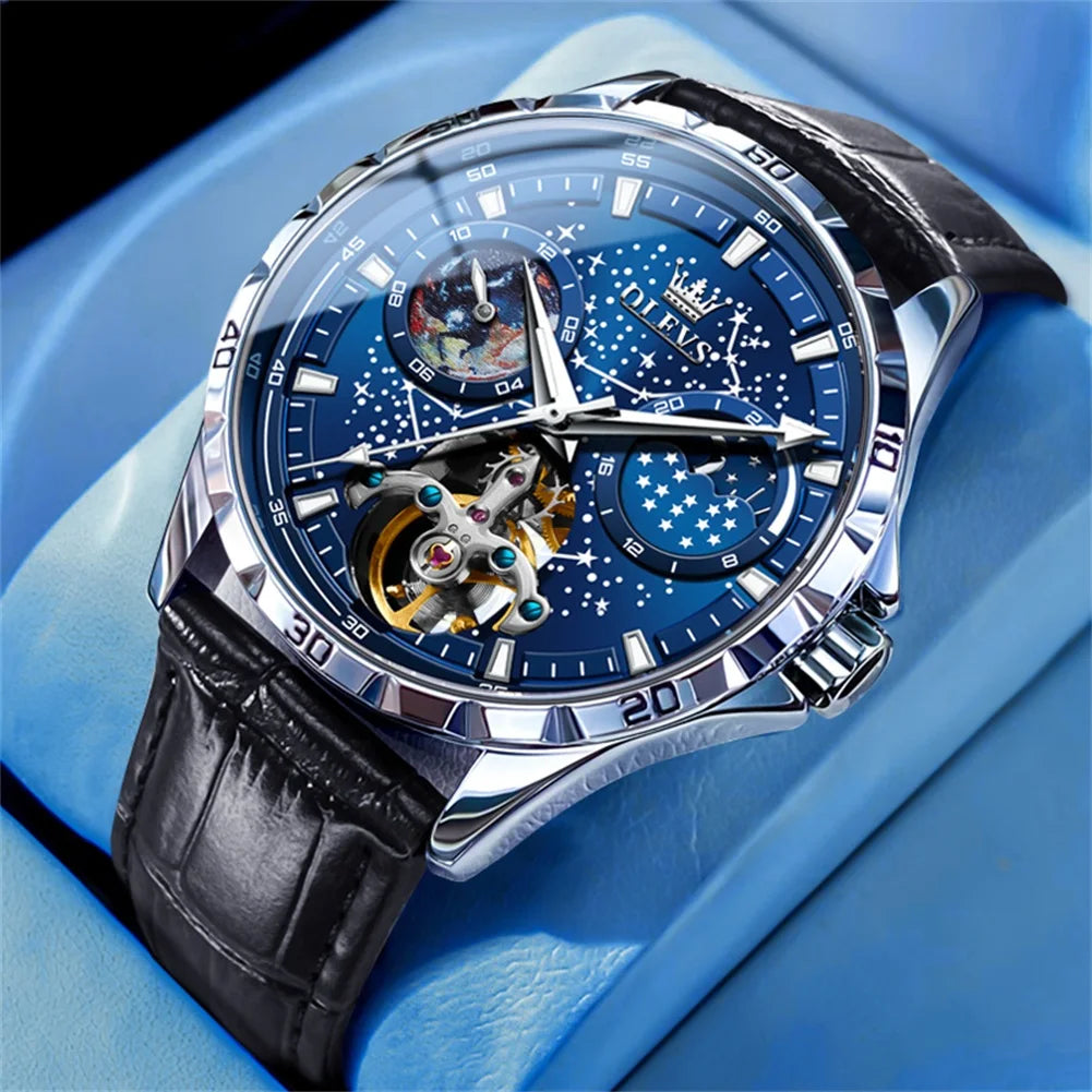 Reloj Automático Hombre 42mm – Esqueleto con Tourbillon, Fase Lunar, Cielo Estrellado, Manecillas Luminiscentes, 40-44mm, Correa de Cuero, 3ATM