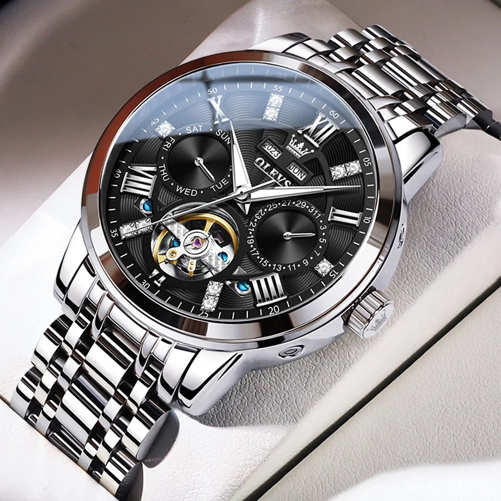 Reloj Automático Hombre 42mm– Mecánico de Lujo, Tourbillon Decorativo, Acero Inoxidable, Calendario Completo, Impermeable 3ATM ⭐4.6 (152 Opiniones)