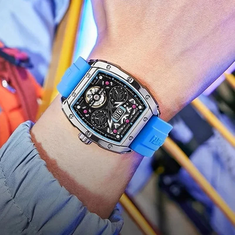 Reloj Automático Hombre 41mm – Tourbillon Mecánico, Esqueleto, Caja Tonneau, Correa de Silicona, Impermeable 3ATM ⭐4.7 (162 Opiniones)