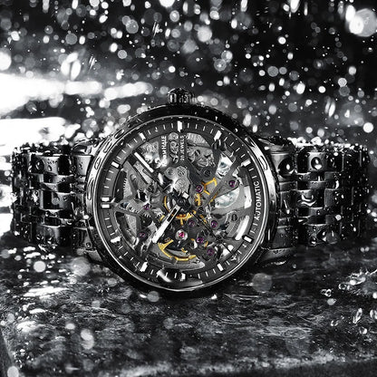 Reloj Automático Hombre – Esqueleto con Tourbillon, Acero Negro, Manecillas Luminiscentes, 40-44mm, 3ATM