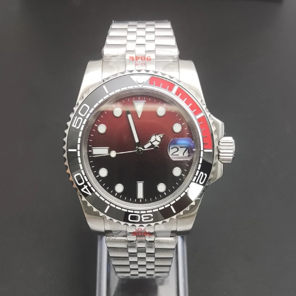 Reloj Automático 40mm NH35 – Esfera Degradada Negro-Rojo, Cristal de Zafiro, Acero Inoxidable