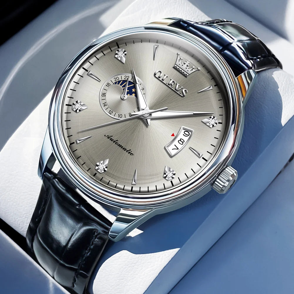 Reloj Automático Hombre 43mm– Mecánico con Correa de Cuero, Calendario Completo, Fases Lunares y Resistente al Agua