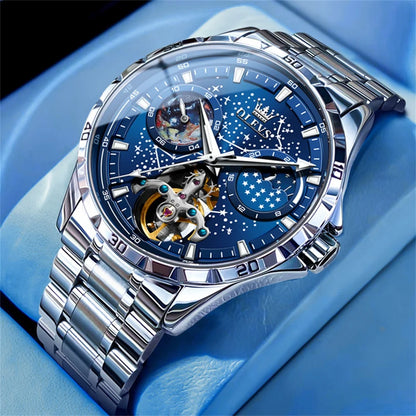 Reloj Automático Hombre 42mm – Esqueleto con Tourbillon, Fase Lunar, Cielo Estrellado, Manecillas Luminiscentes, 40-44mm, Correa de Cuero, 3ATM