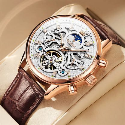 Reloj Automático Hombre  40mm – Tourbillon, Calendario Completo, Fase Lunar, Correa de Cuero, 40-44mm, 3ATM