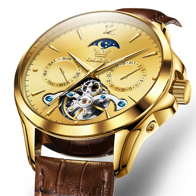 Reloj Automático Hombre 41mm – Mecánico Esqueleto, Tourbillon Decorativo, Correa de Cuero, Fase Lunar, Calendario Completo ⭐4.8 (159 Opiniones)