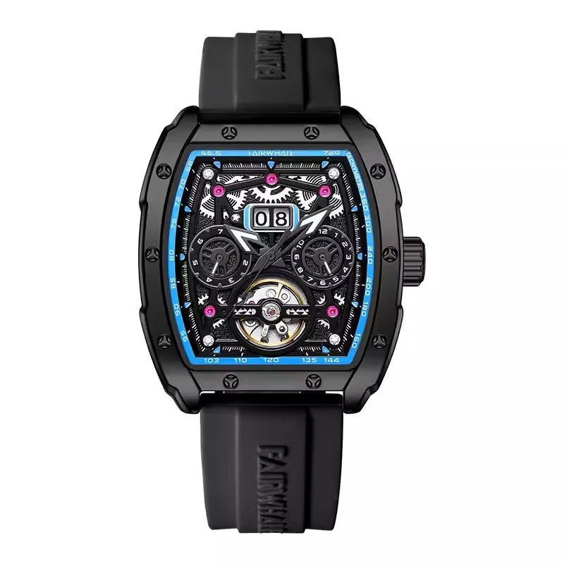 Reloj Automático Hombre 41mm – Tourbillon Mecánico, Esqueleto, Caja Tonneau, Correa de Silicona, Impermeable 3ATM ⭐4.7 (162 Opiniones)