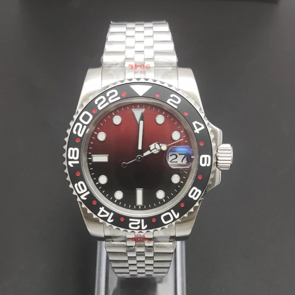 Reloj Automático 40mm NH35 – Esfera Degradada Negro-Rojo, Cristal de Zafiro, Acero Inoxidable