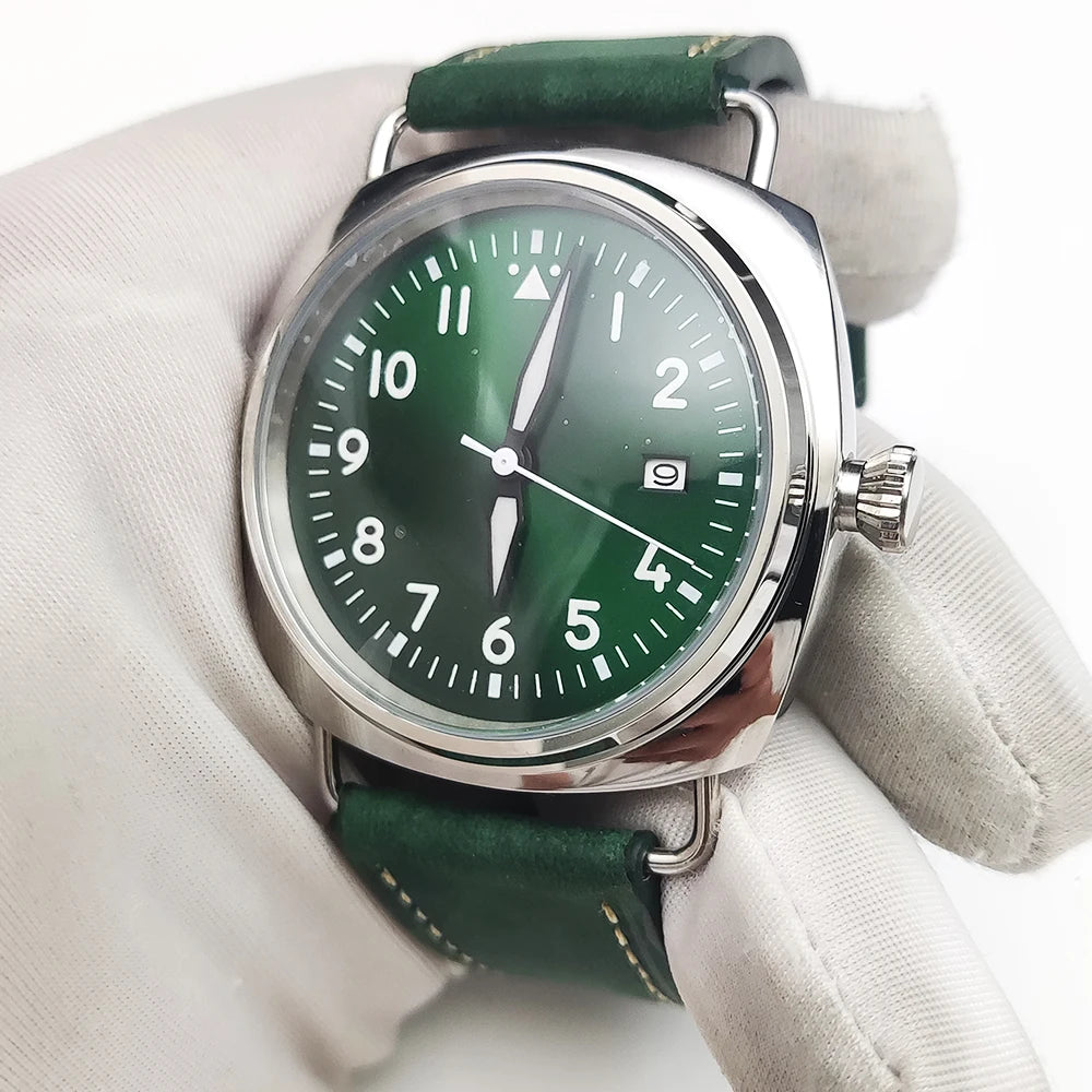 Reloj Automático Retro 45mm NH35 – Correa de Cuero, Esfera Verde Luminosa