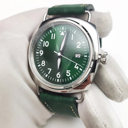 Reloj Automático Retro 45mm NH35 – Correa de Cuero, Esfera Verde Luminosa