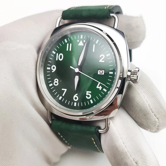 Reloj Automático Retro 45mm NH35 – Correa de Cuero, Esfera Verde Luminosa