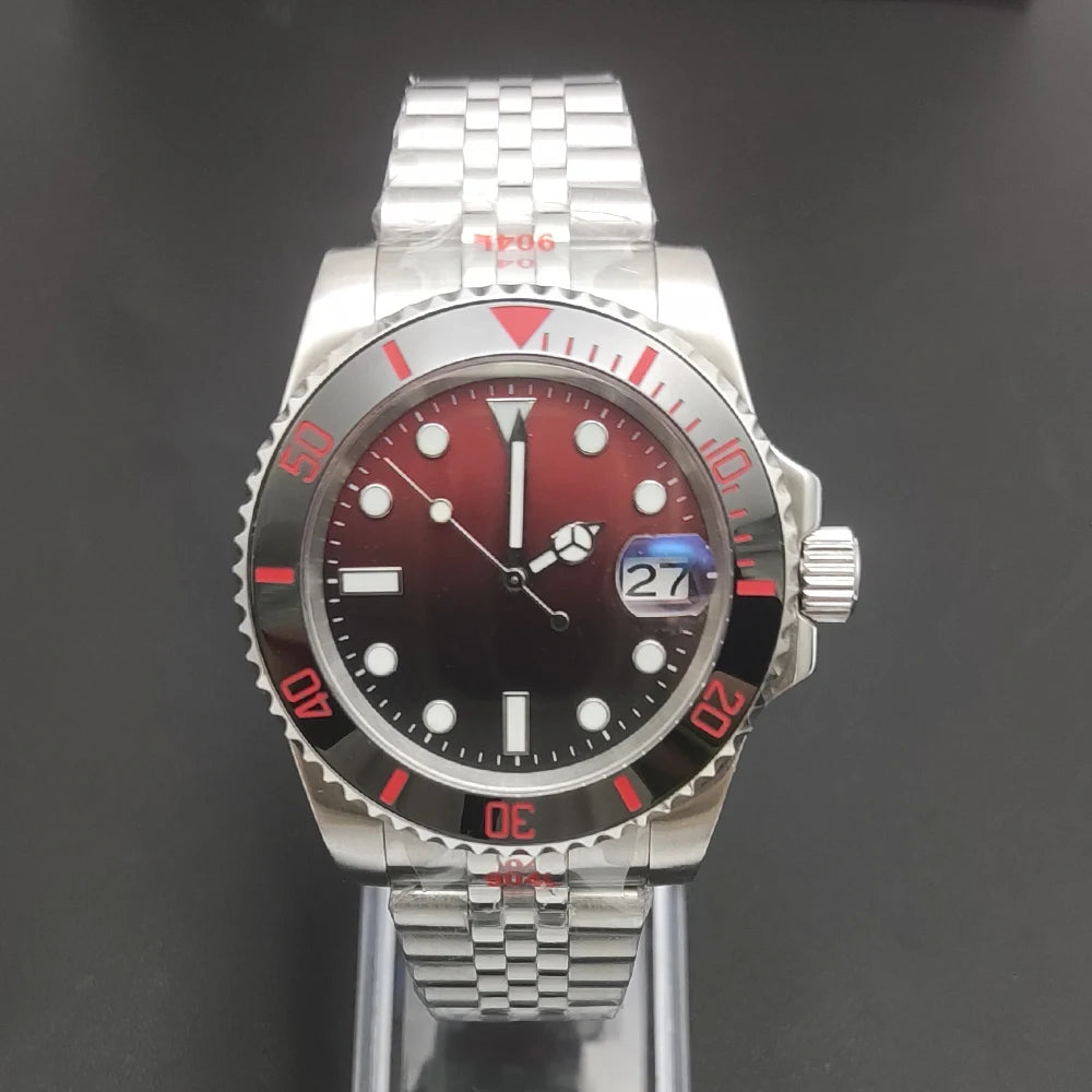 Reloj Automático 40mm NH35 – Esfera Degradada Negro-Rojo, Cristal de Zafiro, Acero Inoxidable