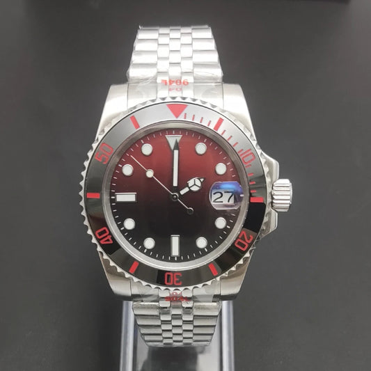 Reloj Automático 40mm NH35 – Esfera Degradada Negro-Rojo, Cristal de Zafiro, Acero Inoxidable