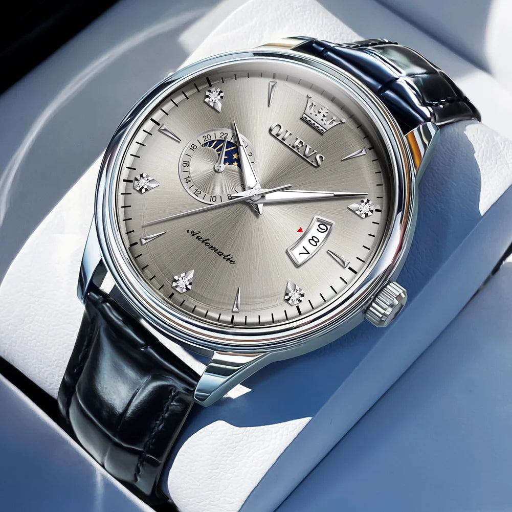 Reloj Automático Hombre 43mm– Mecánico con Correa de Cuero, Calendario Completo, Fases Lunares y Resistente al Agua
