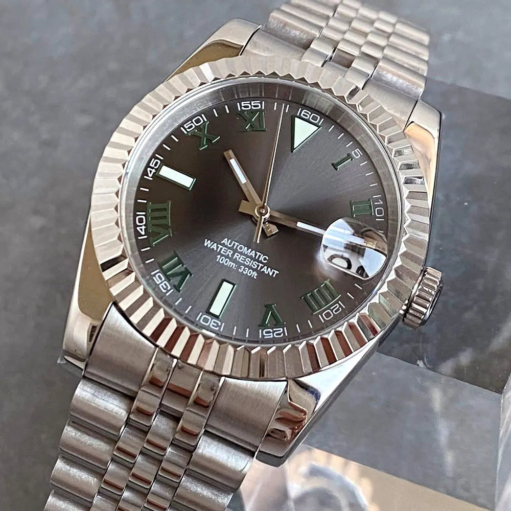 Reloj Automático de Buceo NH35A – 200M, Esfera Gris Rayos de Sol, Números Romanos Verdes, Cristal de Zafiro, 36/39mm, Brazalete de Acero