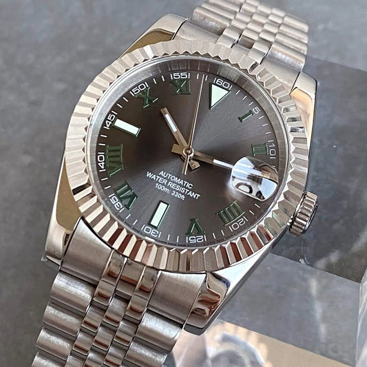 Reloj Automático de Buceo, 36mm/39mm, Esfera Gris Sunburst, Números Romanos Verdes, Cristal Zafiro, NH35A, 200M ⭐4.8 (196 Opiniones)