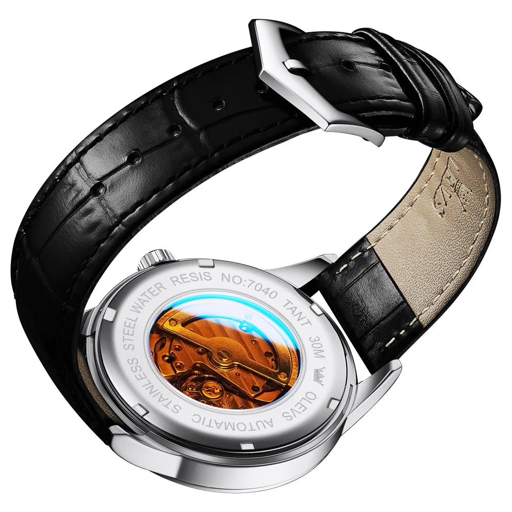Reloj Automático Hombre 43mm– Mecánico con Correa de Cuero, Calendario Completo, Fases Lunares y Resistente al Agua