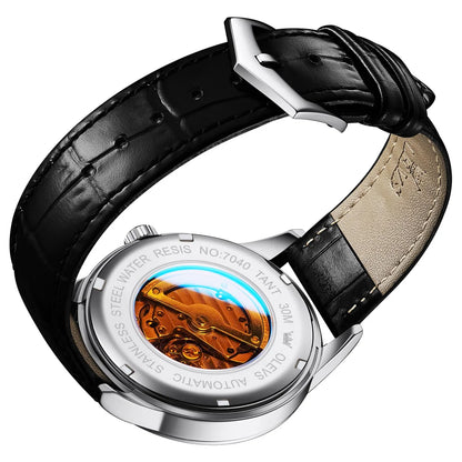 Reloj Automático Hombre 43mm– Mecánico con Correa de Cuero, Calendario Completo, Fases Lunares y Resistente al Agua