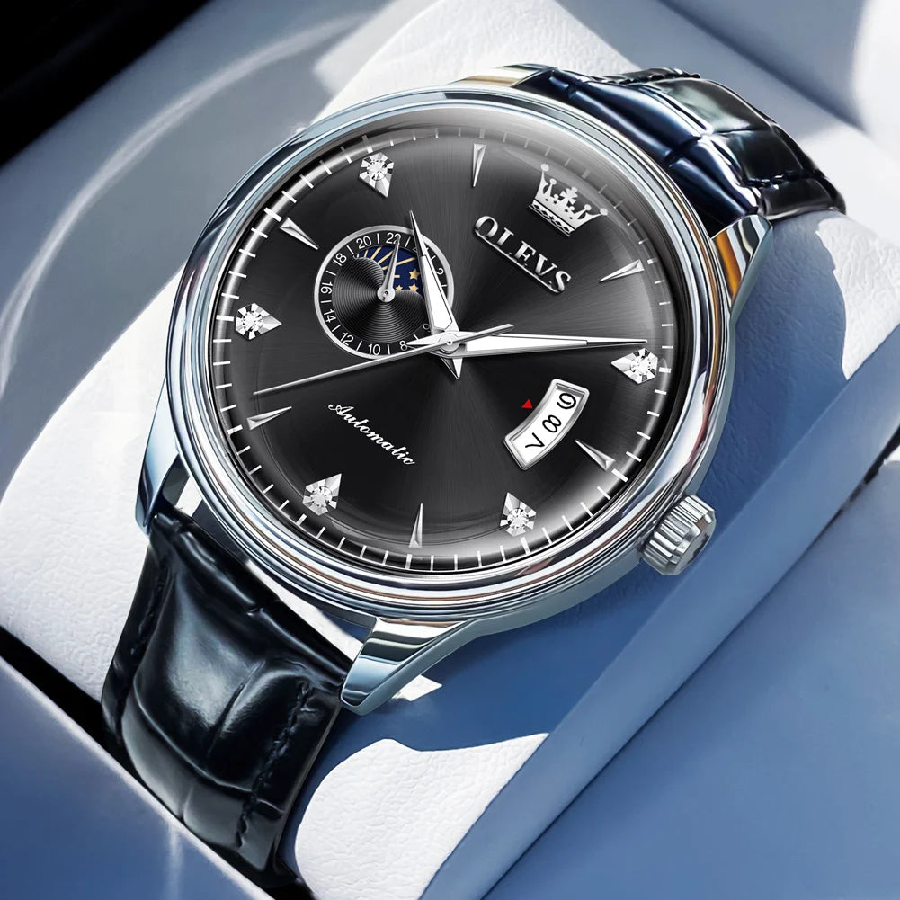 Reloj Automático Hombre 43mm– Mecánico con Correa de Cuero, Calendario Completo, Fases Lunares y Resistente al Agua