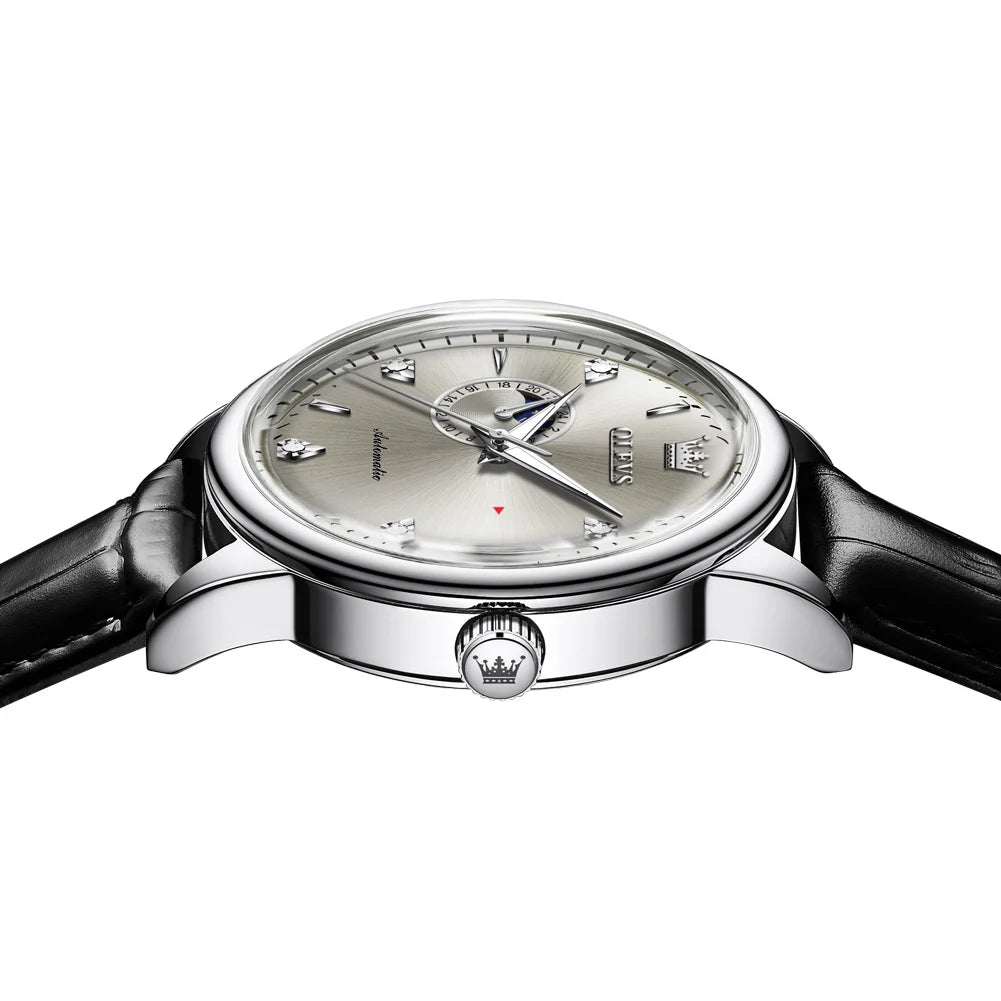 Reloj Automático Hombre 43mm– Mecánico con Correa de Cuero, Calendario Completo, Fases Lunares y Resistente al Agua