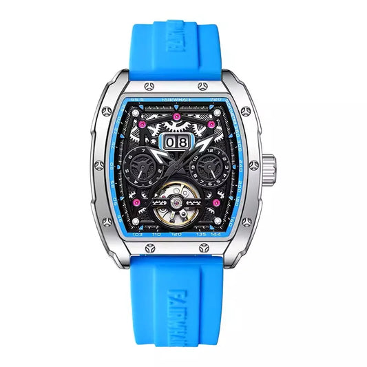 Reloj Automático Hombre 41mm – Tourbillon Mecánico, Esqueleto, Caja Tonneau, Correa de Silicona, Impermeable 3ATM ⭐4.7 (162 Opiniones)