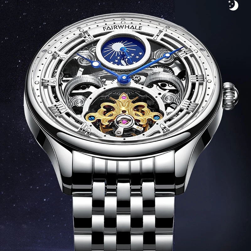 Reloj Automático Hombre 40mm – Mecánico Esqueleto, Fase Lunar, Acero Inoxidable, Impermeable 3ATM ⭐4.6 (119 Opiniones)