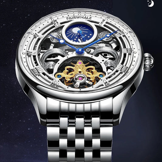 Reloj Automático Hombre 40mm – Mecánico Esqueleto, Fase Lunar, Acero Inoxidable, Impermeable 3ATM ⭐4.6 (119 Opiniones)