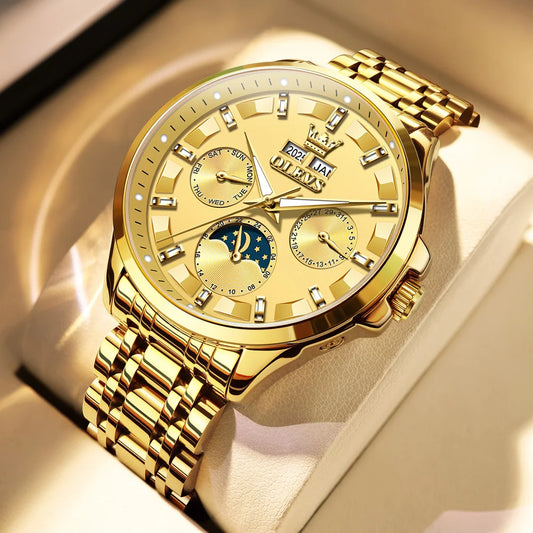 Reloj Automático Hombre 42.5mm – Mecánico de Lujo, Acero Inoxidable Dorado, Fase Lunar, Calendario Completo, Visualización de Semana, Impermeable 3ATM ⭐4.9 (176 Opiniones)