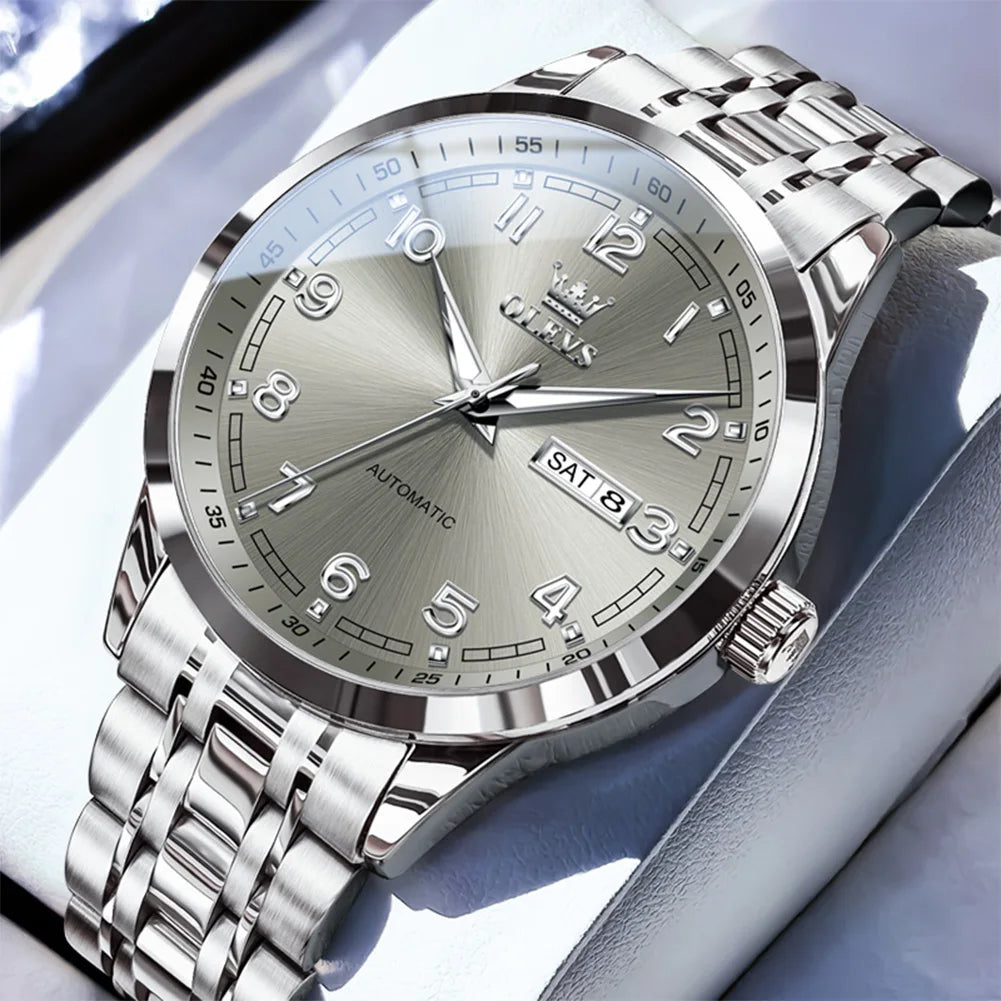 Reloj Automático Hombre 42mm – Acero Inoxidable, Calendario Completo y Día de la Semana, Luminiscente, 40-44mm, 3ATM