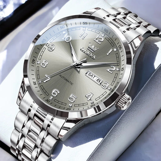 Reloj Automático Hombre 42mm – Acero Inoxidable, Calendario Completo y Día de la Semana, Luminiscente, 40-44mm, 3ATM