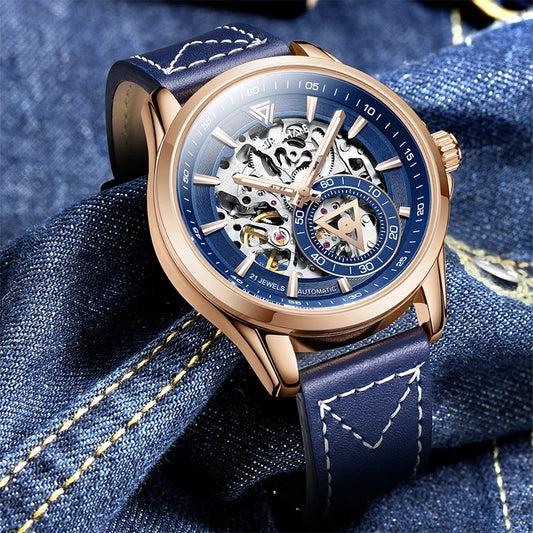 Reloj Automático para Hombre 42.5mm – Esqueleto Mecánico, Segundero Triangular, Correa de Cuero, 3ATM ⭐4.4 (167 Opiniones)