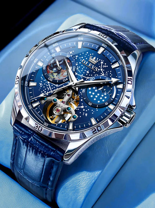 Reloj Automático Hombre 42mm – Esqueleto con Tourbillon, Fase Lunar, Cielo Estrellado, Manecillas Luminiscentes, 40-44mm, Correa de Cuero, 3ATM